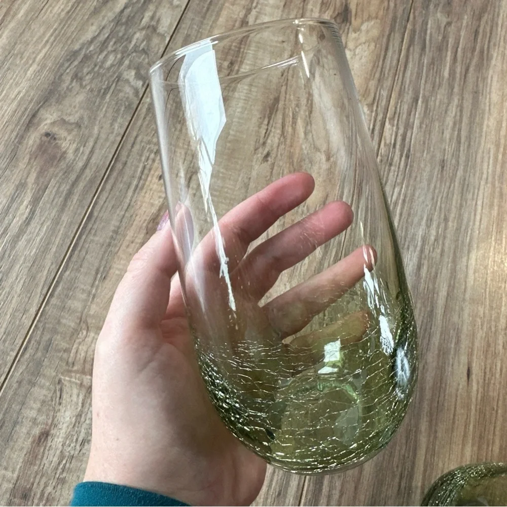 Two Pier 1 Crackle Glass Tumbler Olive Green Highball  Retired  Blown Glass